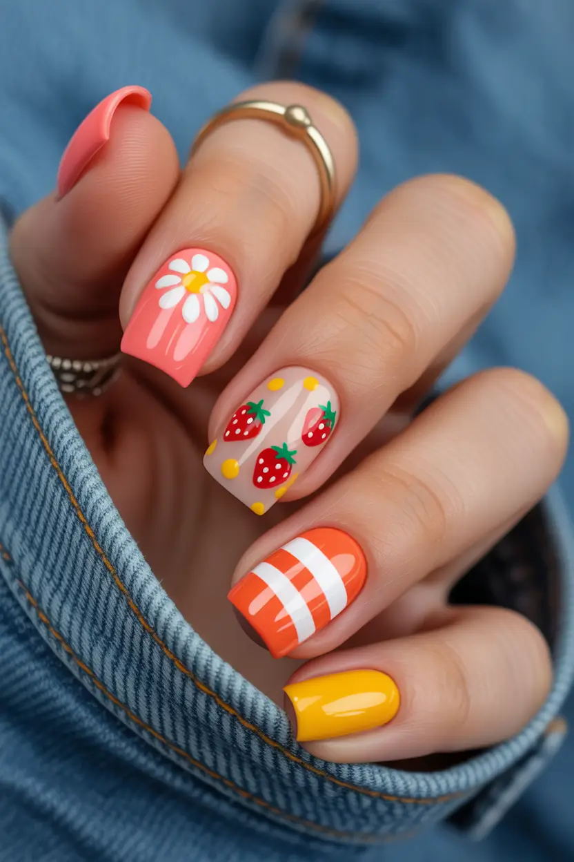 spring break nails 2026 playful strawberry pop square 7