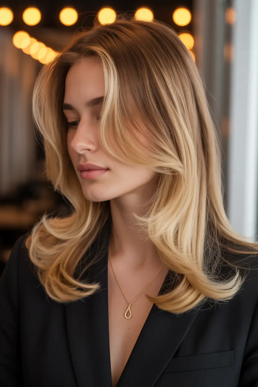 trendy spring long haircut looks 2026 Buttery Blonde Layers With Soft Flicked Ends 10