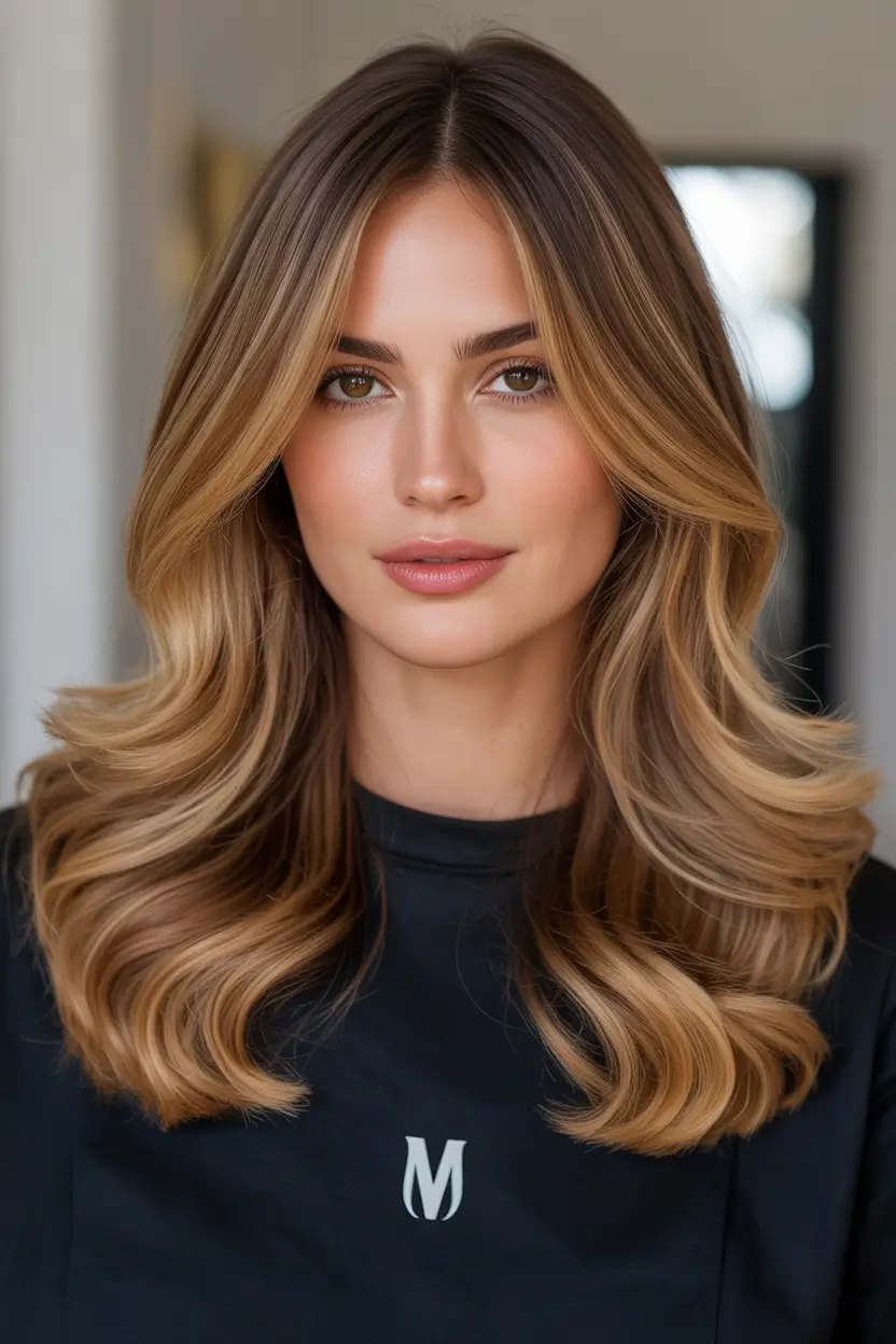 trendy spring long haircut looks 2026 Caramel Balayage Waves With Shoulder Skimming Length 12