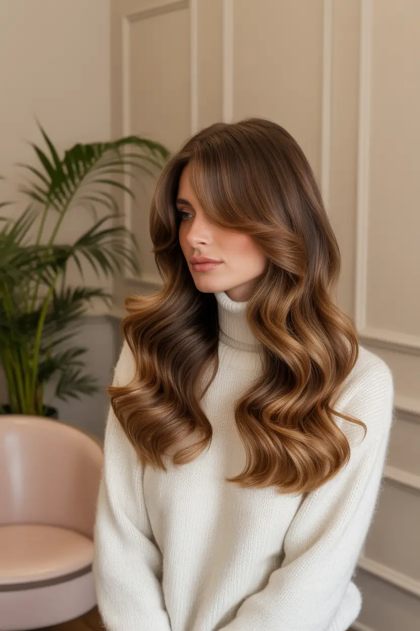 trendy spring long haircut looks 2026 Deep Brunette Glam With Polished Curtain Layers 13