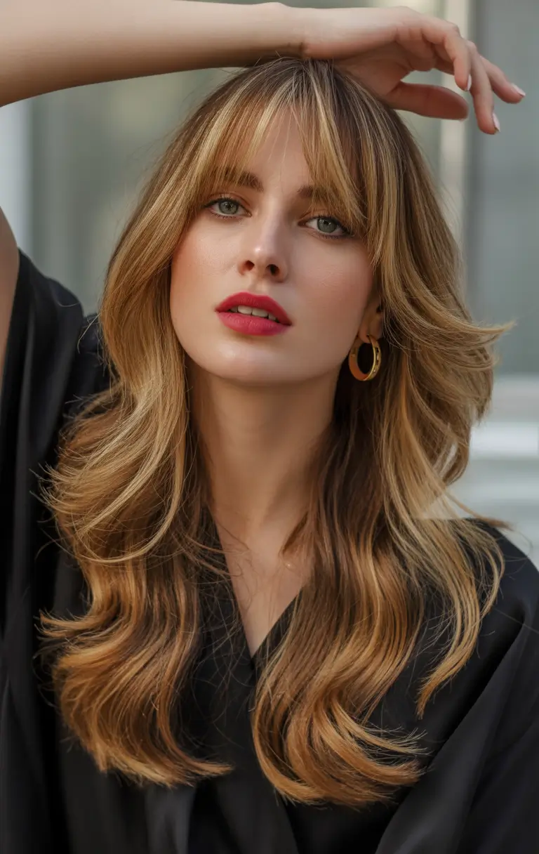trendy spring long haircut looks 2026 Golden Honey Layers With Soft Curtain Bangs 8
