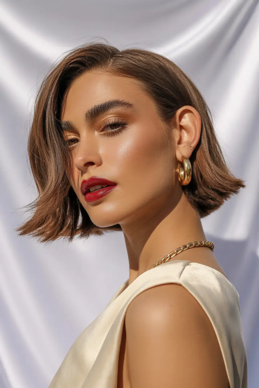 trendy spring short haircut 2026 side swept glossy brunette bob 16