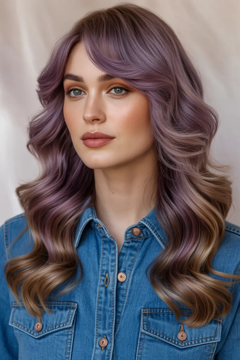vibrant spring purple hair color ideas 2026 soft lavender melt with dimensional waves