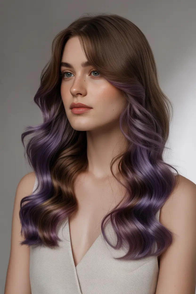 vibrant spring purple hair color ideas 2026 brunette base with violet ribbons 10