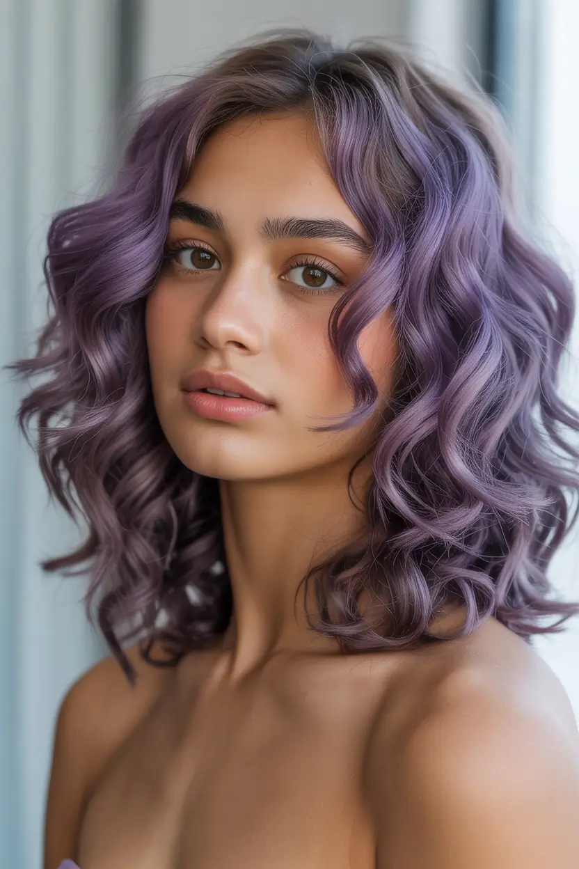 vibrant spring purple hair color ideas 2026 curly lavender bob 12