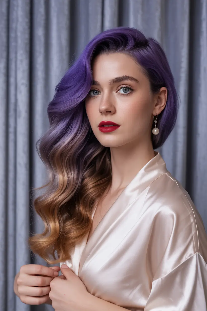 vibrant spring purple hair color ideas 2026 smoky violet side sweep 14