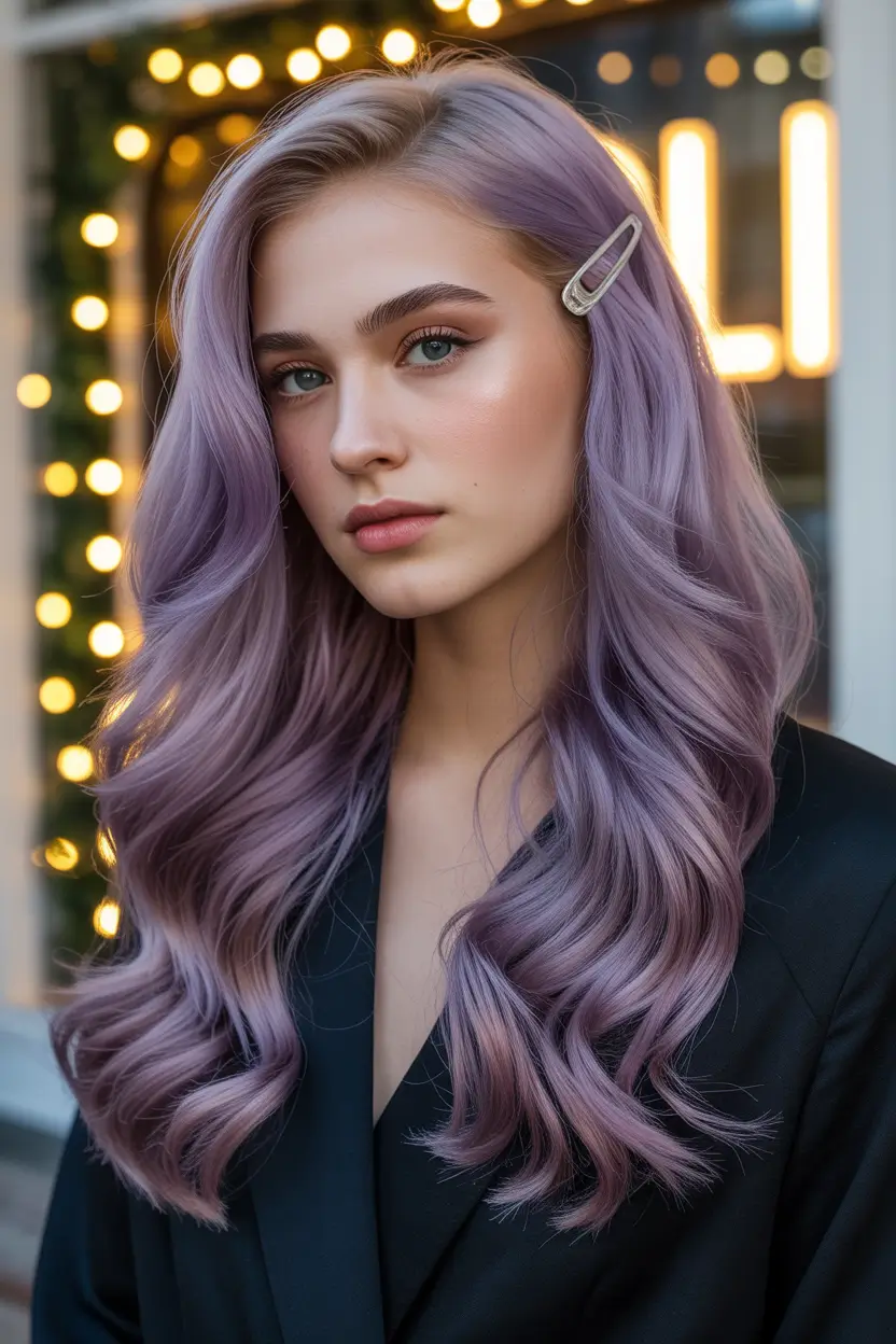 vibrant spring purple hair color ideas 2026 glossy lavender glam 6