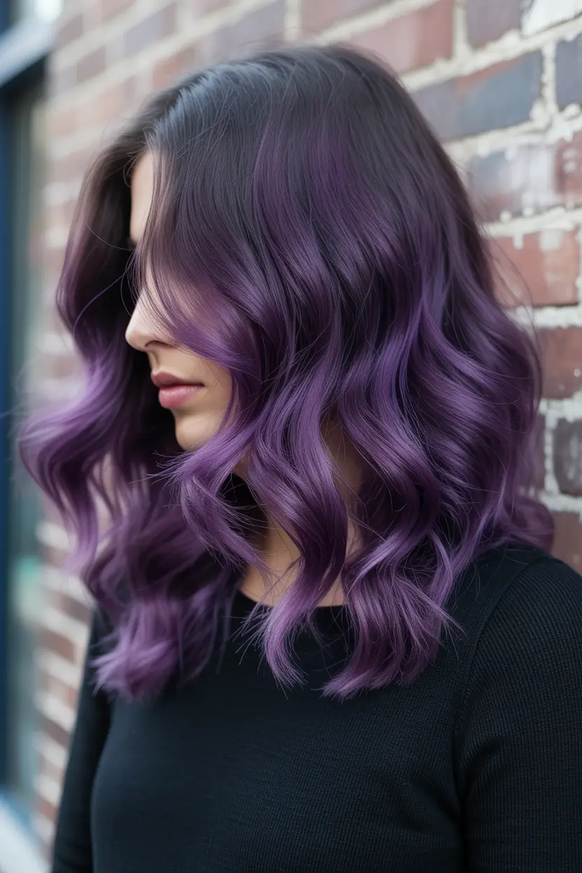 vibrant spring purple hair color ideas 2026 deep plum mid length 8