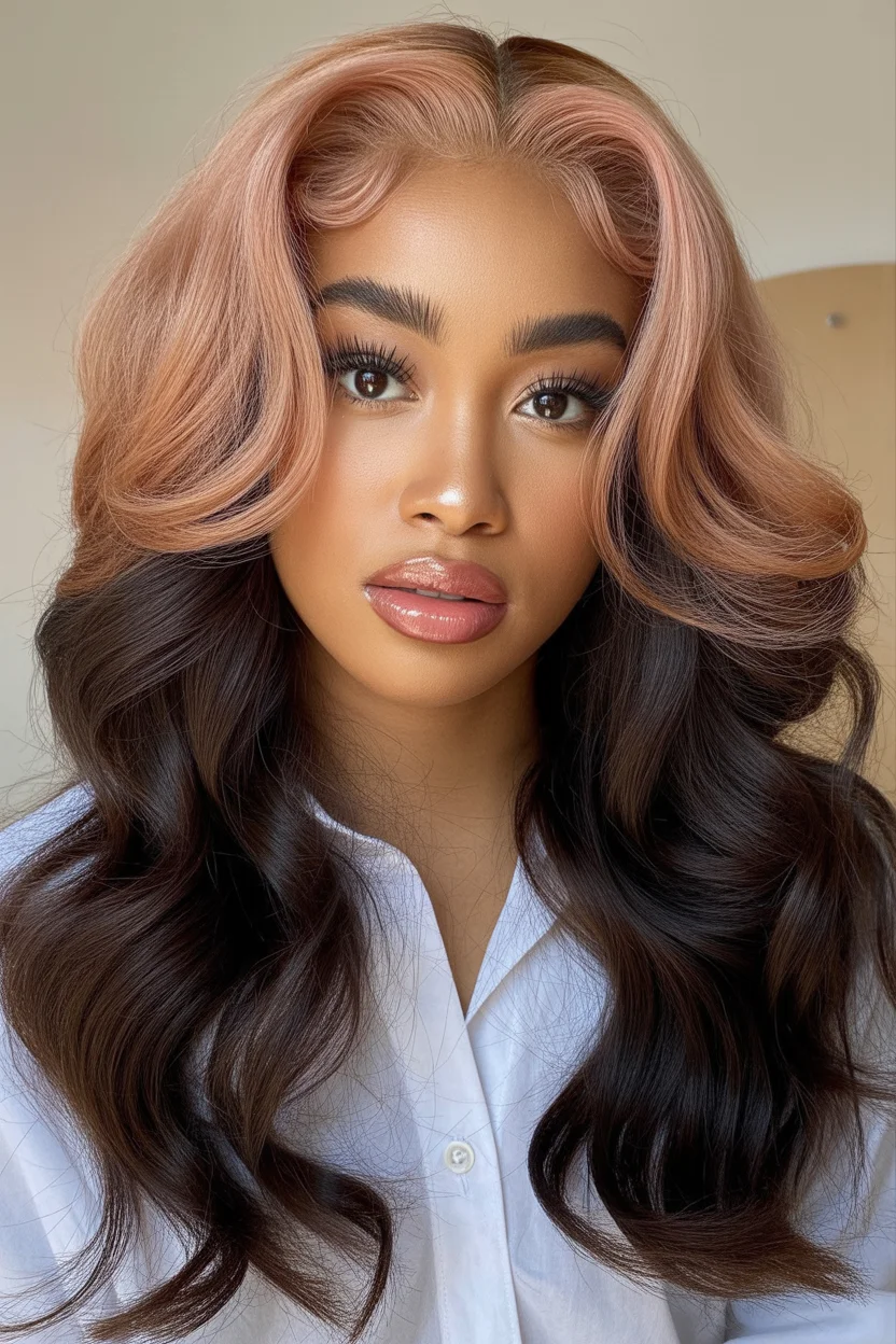 April hair colour ideas 2026 Rosewood Melt with Soft Pink Crown