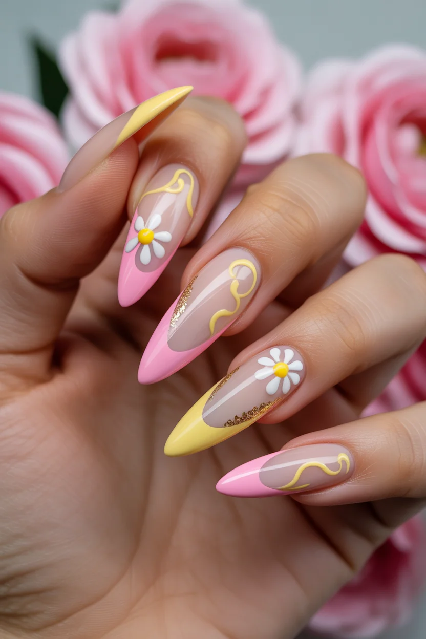 April nails 2026 Pink and Yellow Daisy Glam with Gold Accents 10