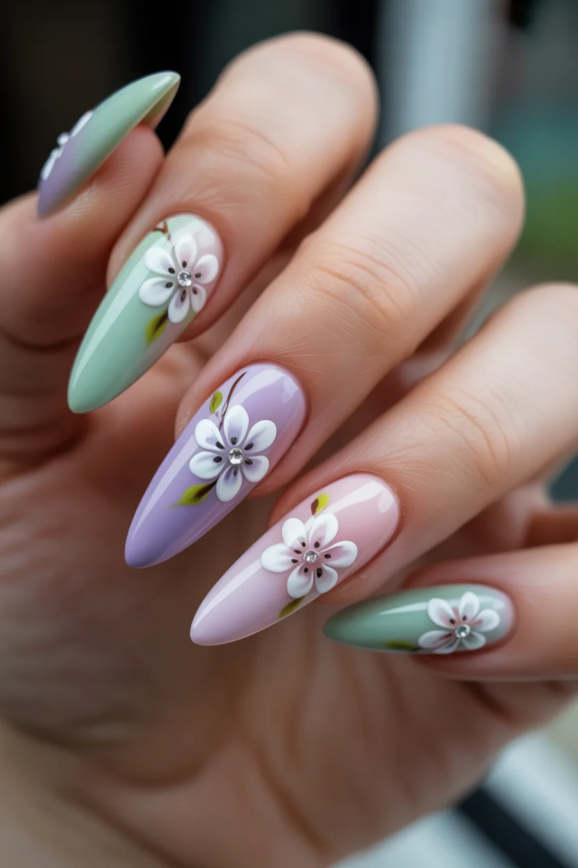 April nails 2026 Mint and Lavender Blossom Almond Set 11