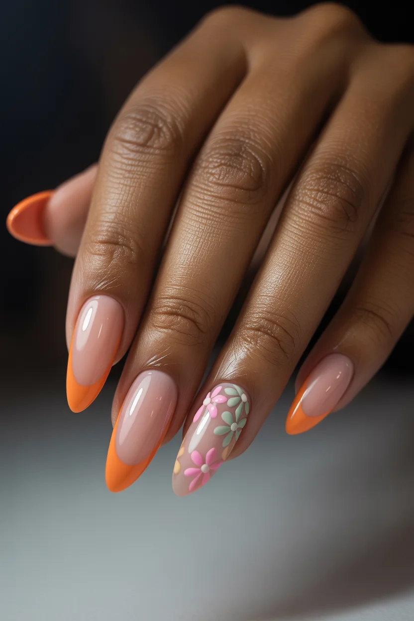 April nails 2026 Neon Coral French with Floral Accent 12