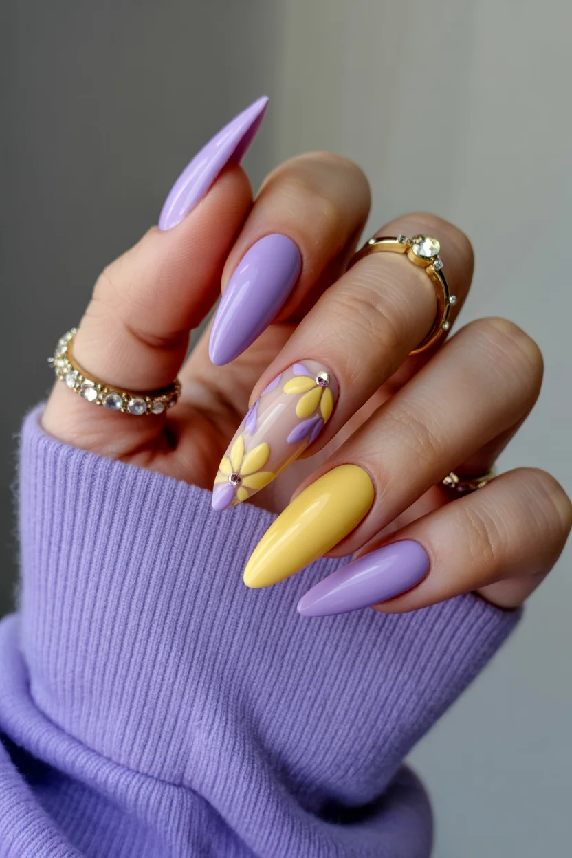 April nails 2026 Lavender and Butter Yellow Floral Mix 13