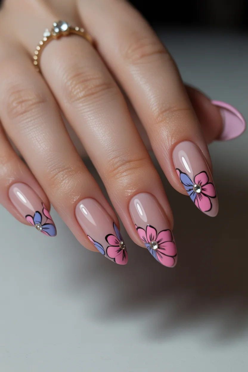 April nails 2026 Pink and Blue Floral Outline Elegance 15