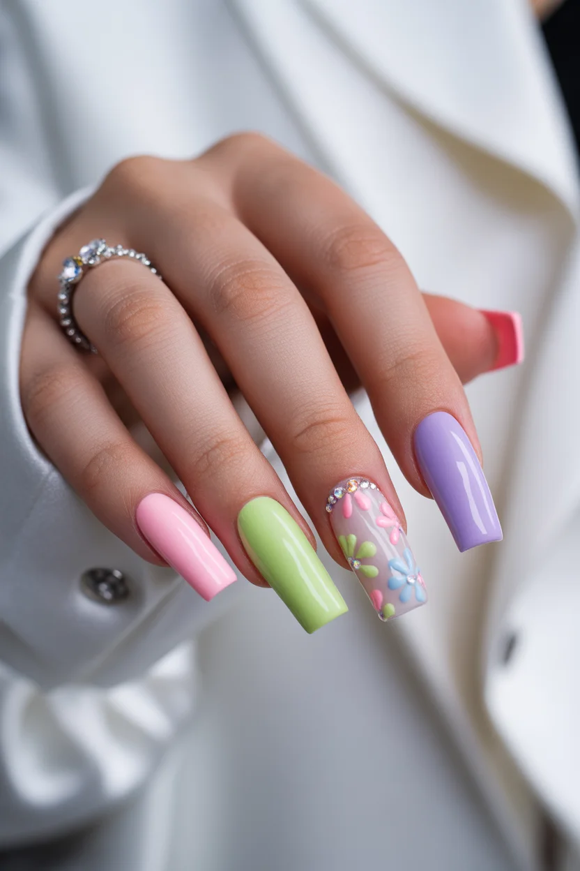 April nails 2026 Pastel Coffin Mix with Crystal Accent 17