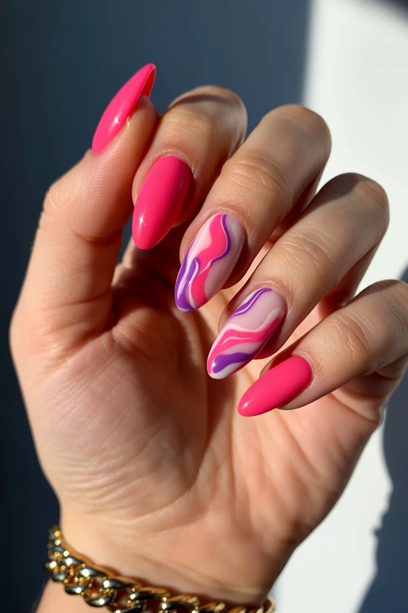 April nails 2026 Hot Pink and Purple Swirl Drama 18
