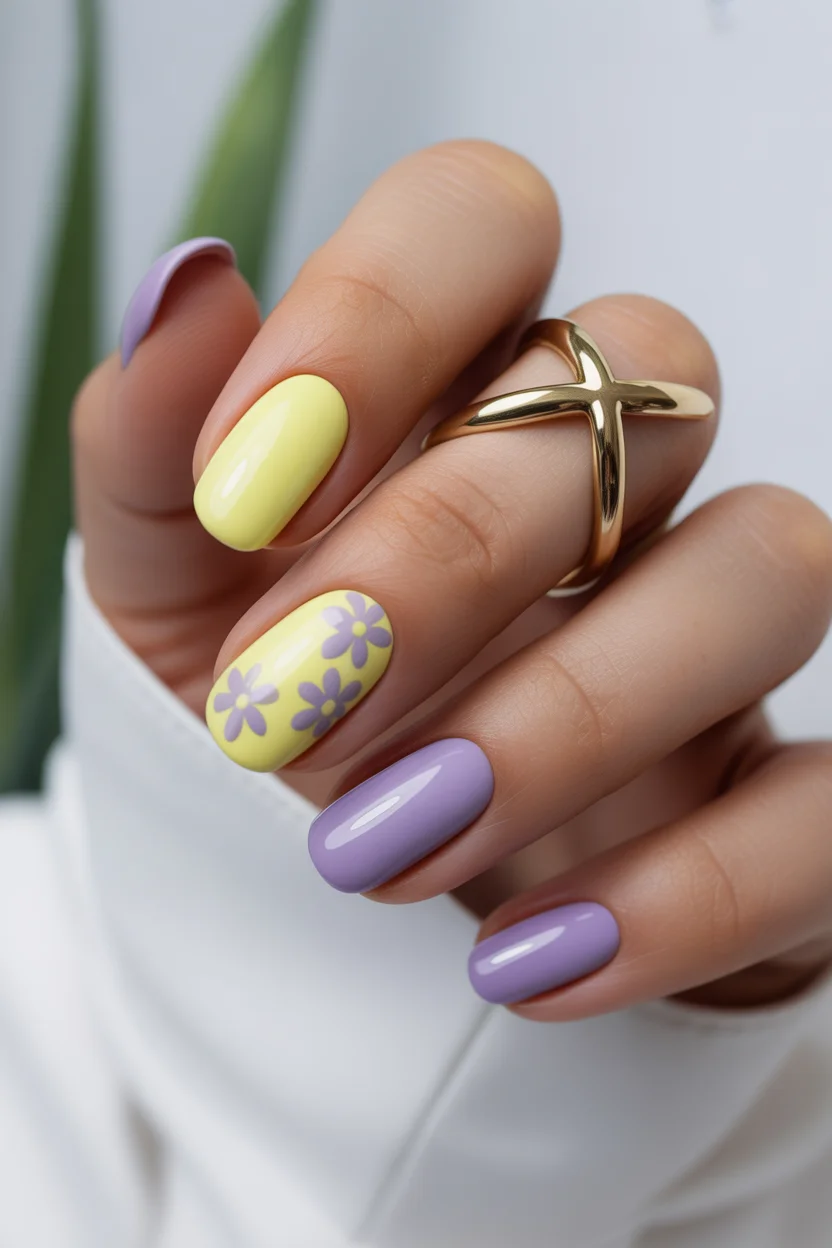 April nails 2026 Yellow and Lavender Floral Pop 19