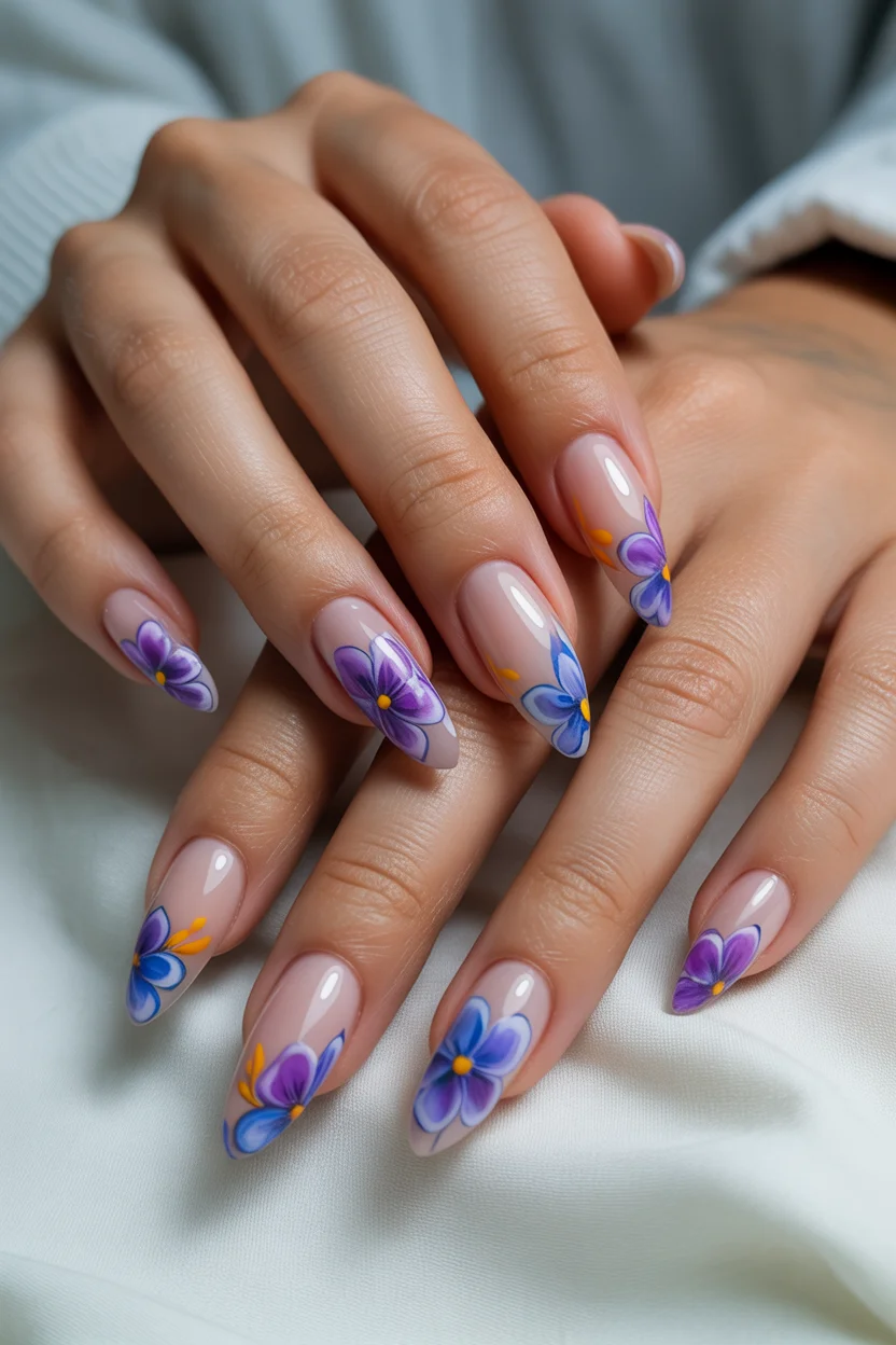 April nails 2026 Delicate Violet Florals on Sheer Pink Base