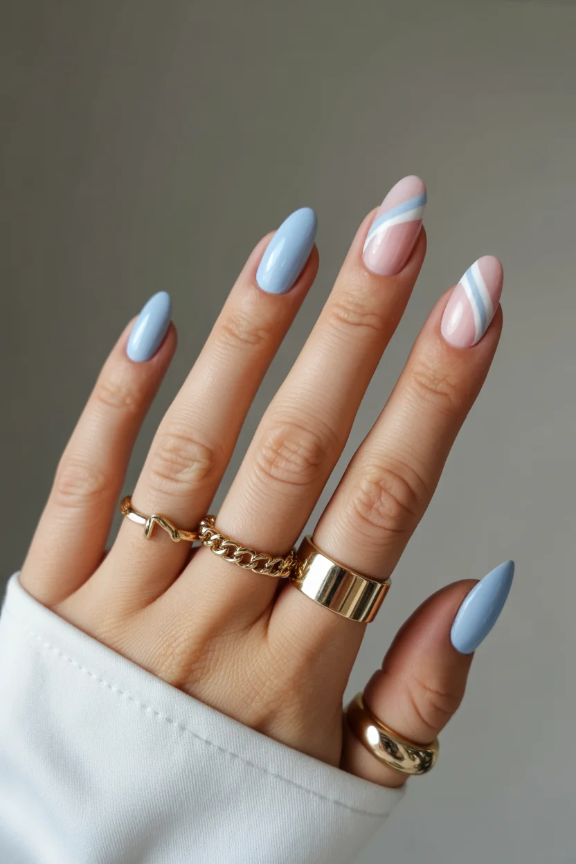 April nails 2026 Powder Blue Minimal with Diagonal Accent 20