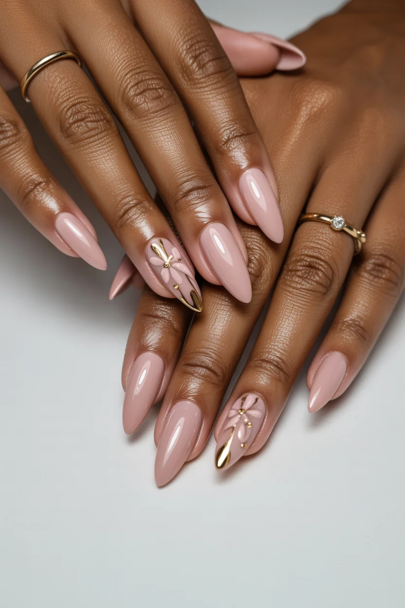 April nails 2026 Blush Almond with Gold Botanical Accent