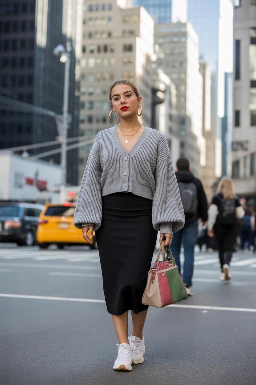 April outfits 2026 Gray Cardigan and Satin Skirt Urban Contrast 10