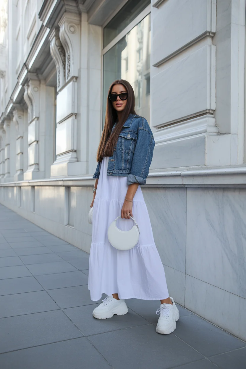 April outfits 2026 White Tiered Dress with Denim Jacket Modern Romance 12