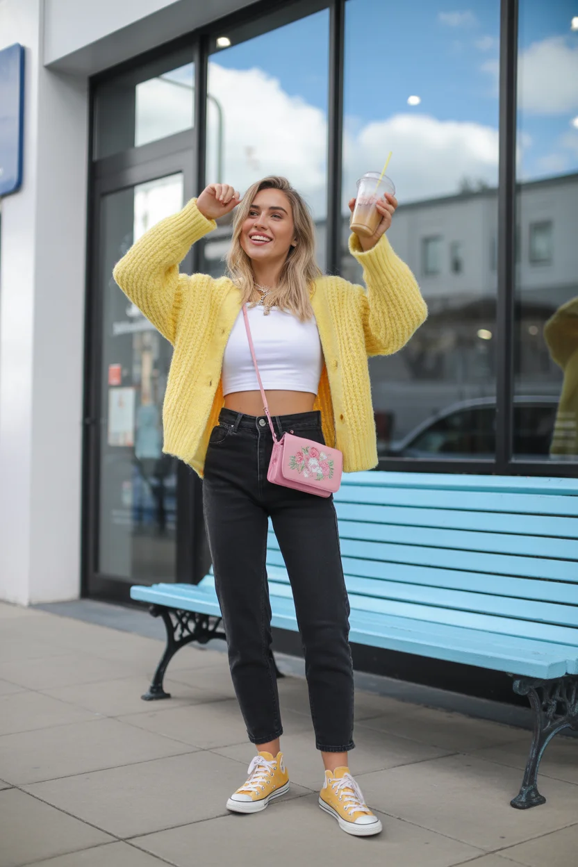 April outfits 2026 Bright Cardigan and Black Denim Playful Energy 14