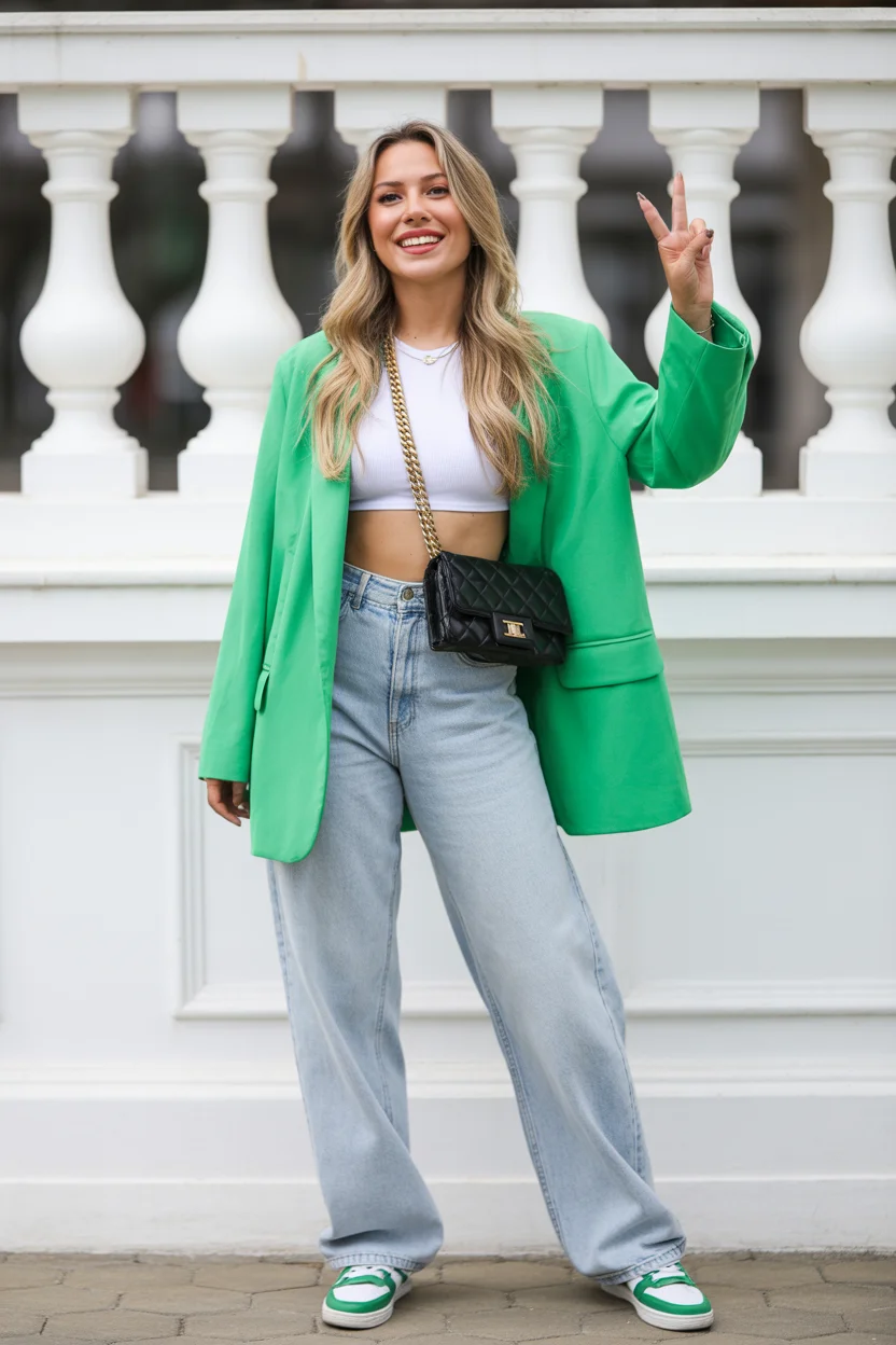 April outfits 2026 Emerald Blazer and Relaxed Denim Statement Layer 16