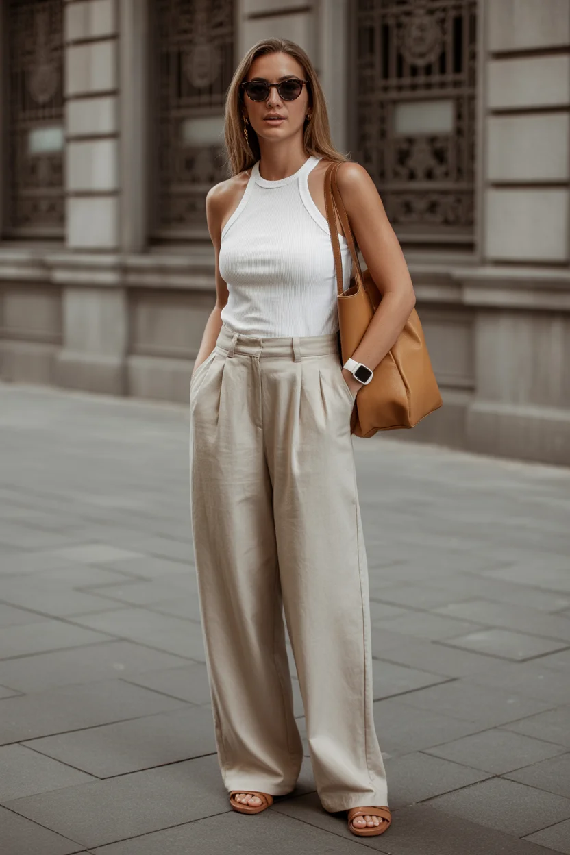 April outfits 2026 Minimal White Tank and Tailored Beige Trousers Effortless Elegance 17