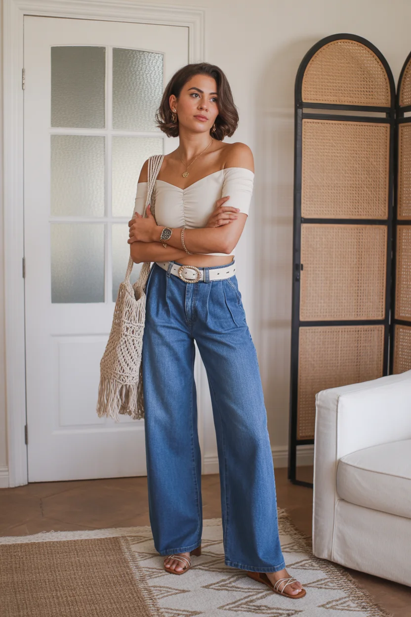 April outfits 2026 Off-Shoulder Minimalism with Modern Denim Ease