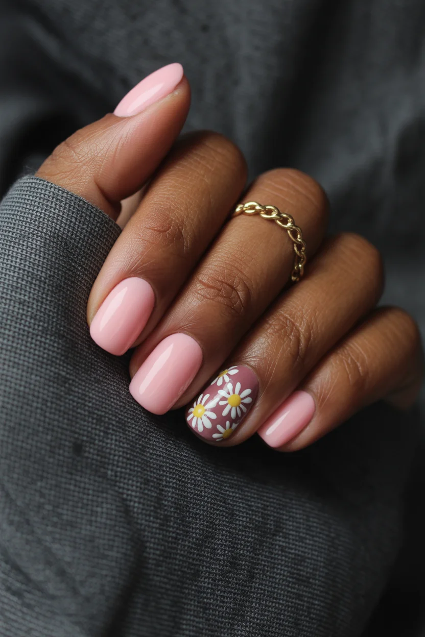 elegant spring floral nails 2026 soft pink square with daisy accent