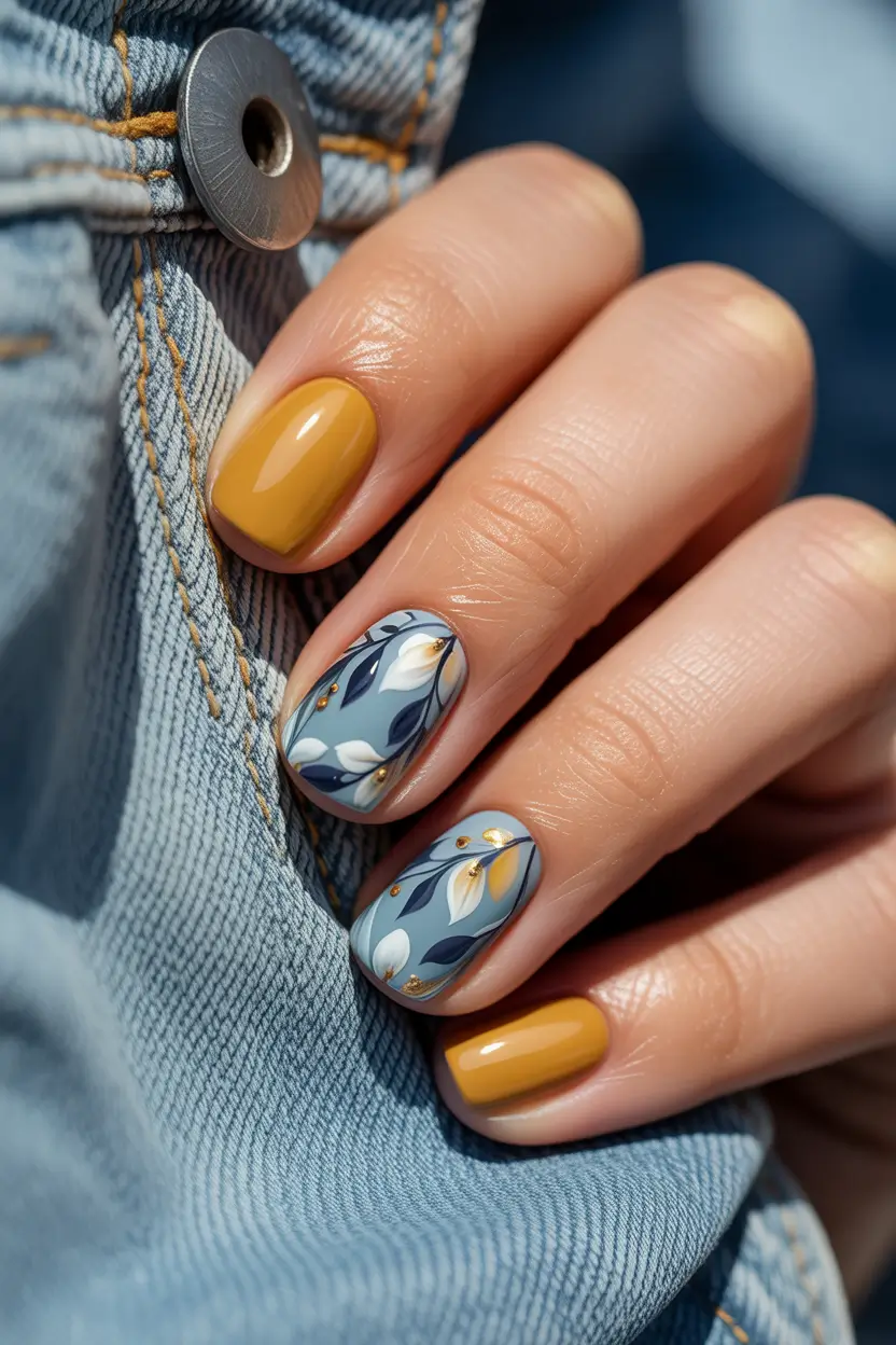 best early spring nails 2026 Mustard Bloom Contrast with Botanical Accent