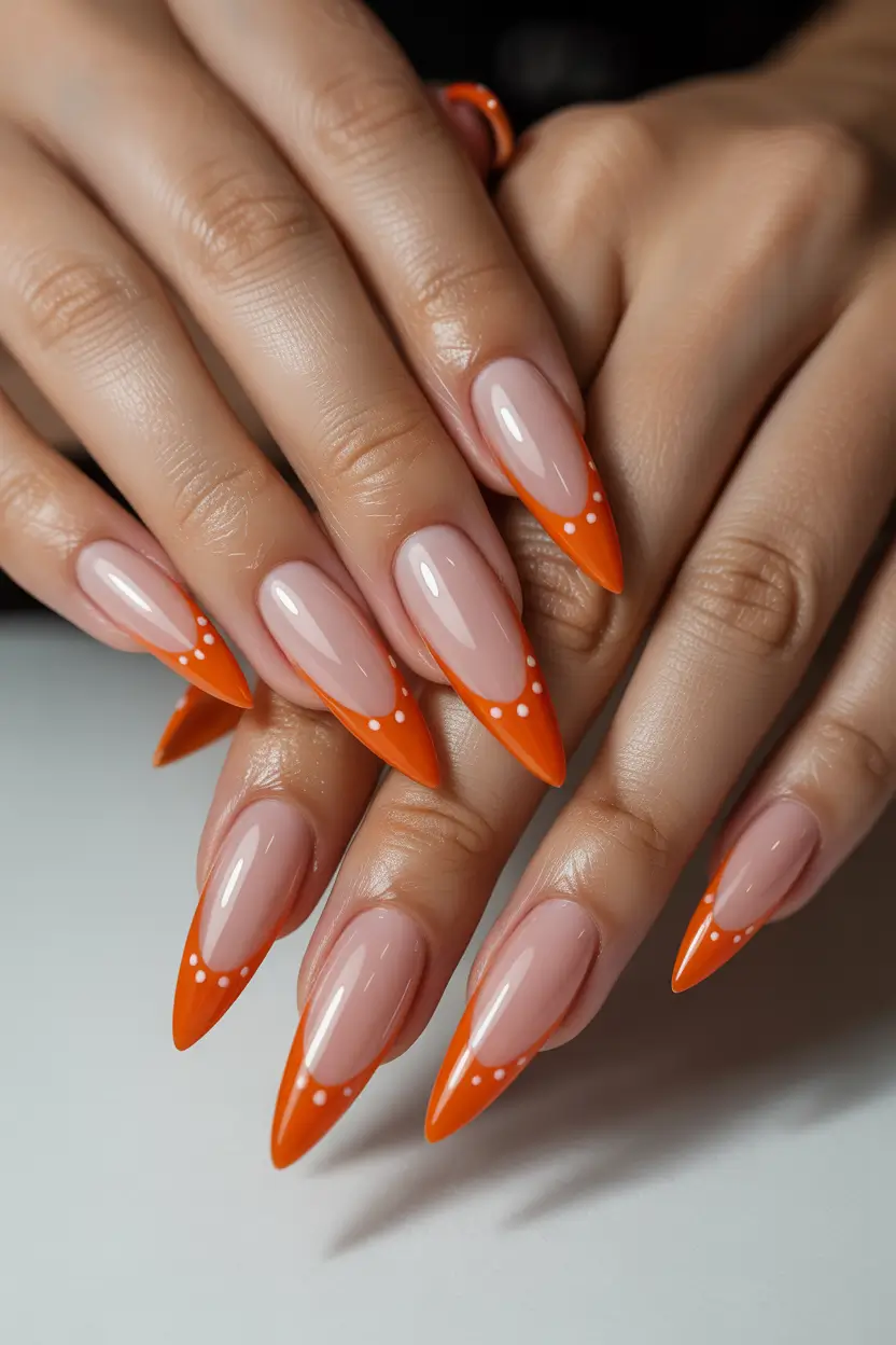 best early spring nails 2026 Vibrant Orange Almond French with Dot Detail 10
