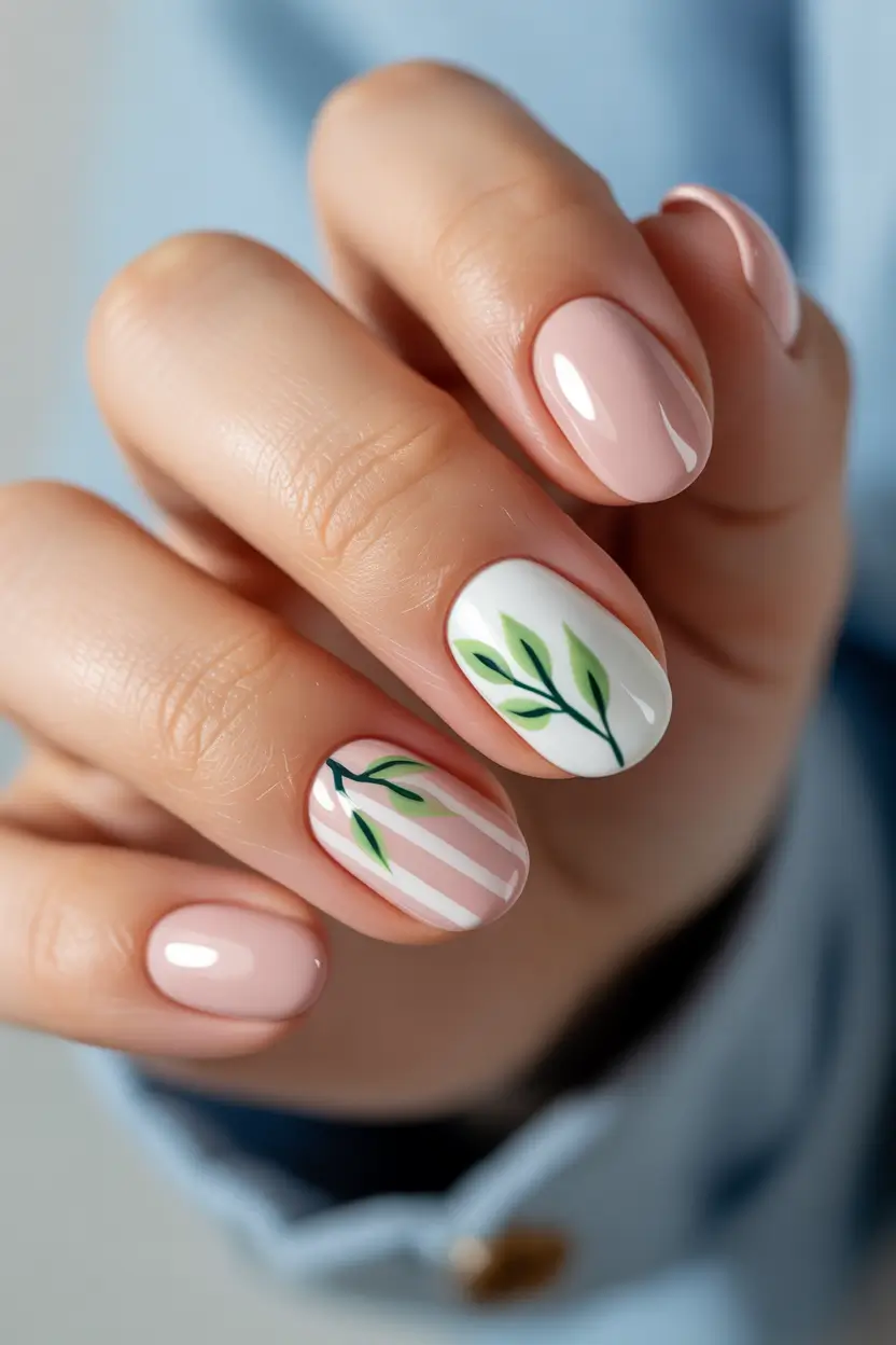 best early spring nails 2026 Soft Blush and Leaf Minimalism 11