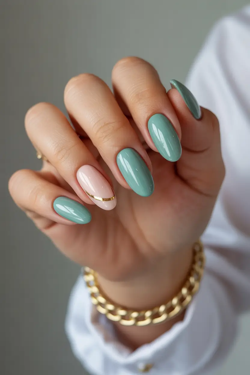 best early spring nails 2026 Sage Gloss with Gold Accent Curve 12