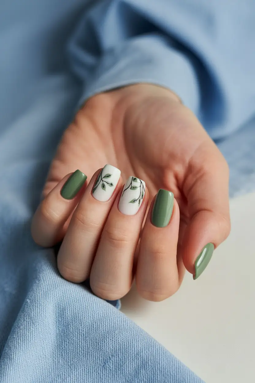 best early spring nails 2026 Olive Square with Botanical Accent 13