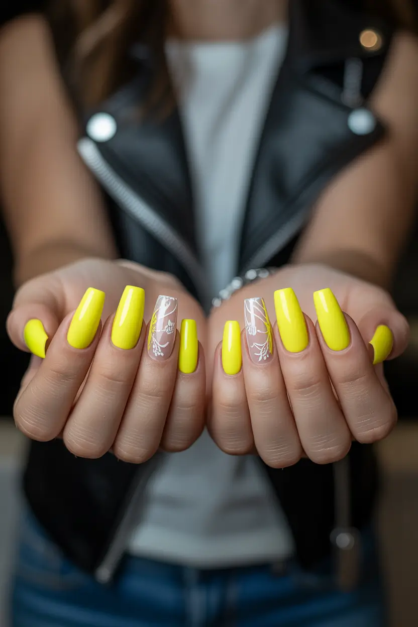 best early spring nails 2026 Neon Yellow Square with Sheer Botanical Accent 15