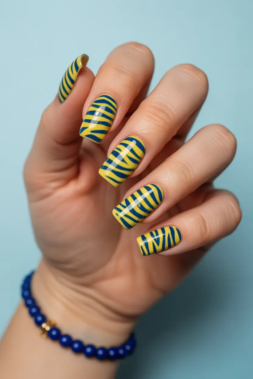 best early spring nails 2026 Graphic Yellow and Blue Stripe Statement 16