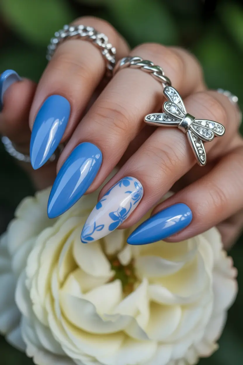best early spring nails 2026 Sky Blue Almond with Soft Floral Accent 17