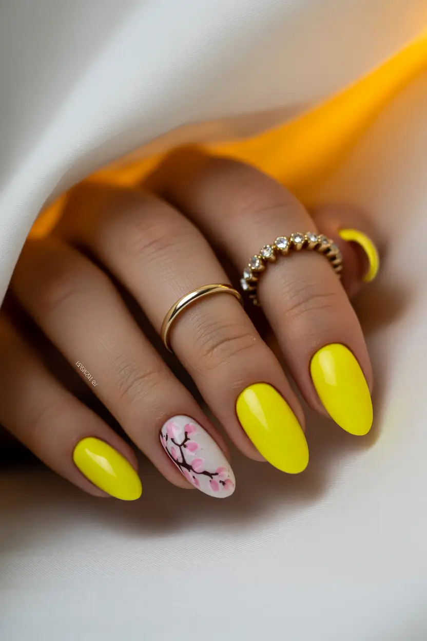 best early spring nails 2026 Sunlit Yellow with Cherry Blossom Accent 18
