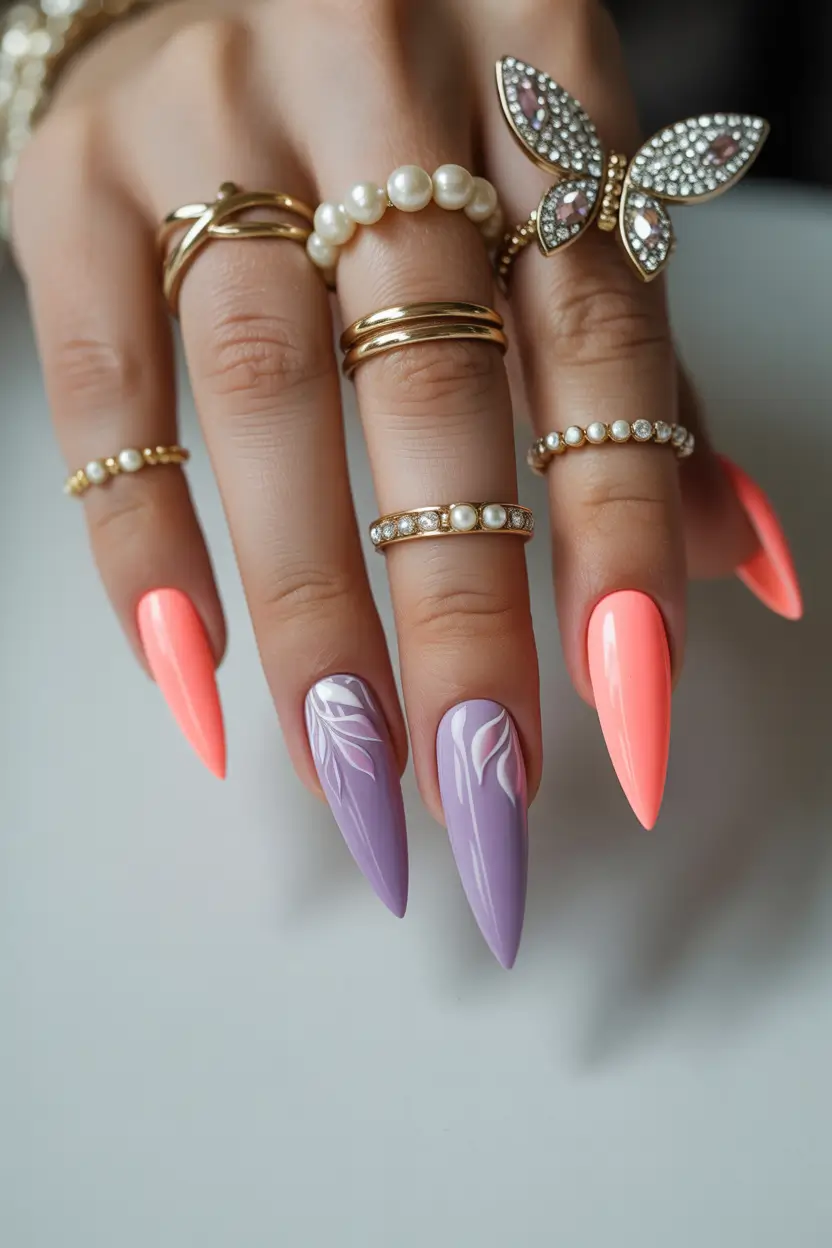 best early spring nails 2026 Coral and Lavender Stiletto Contrast 19