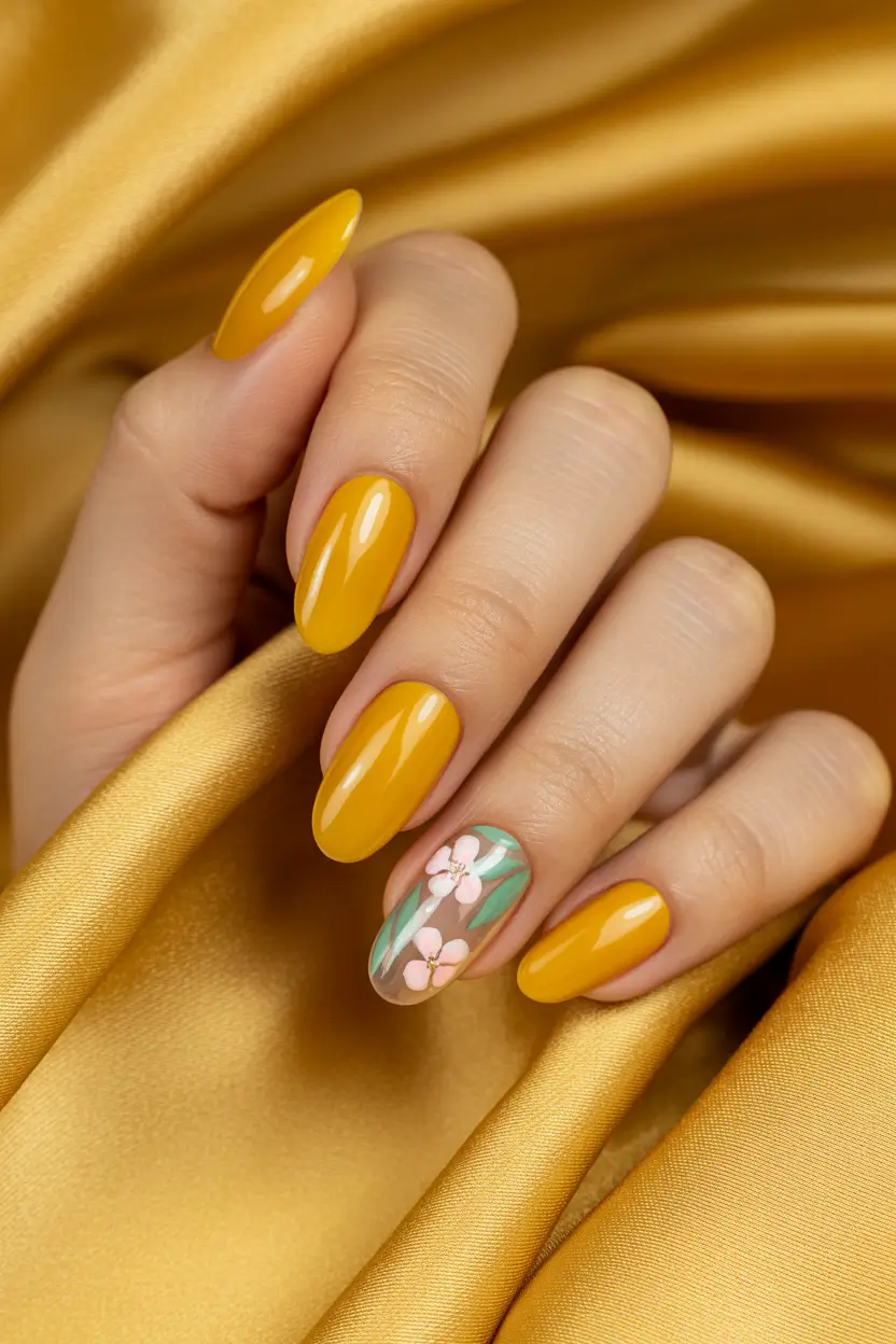 best early spring nails 2026 Glossy Marigold with Delicate Floral Transparency