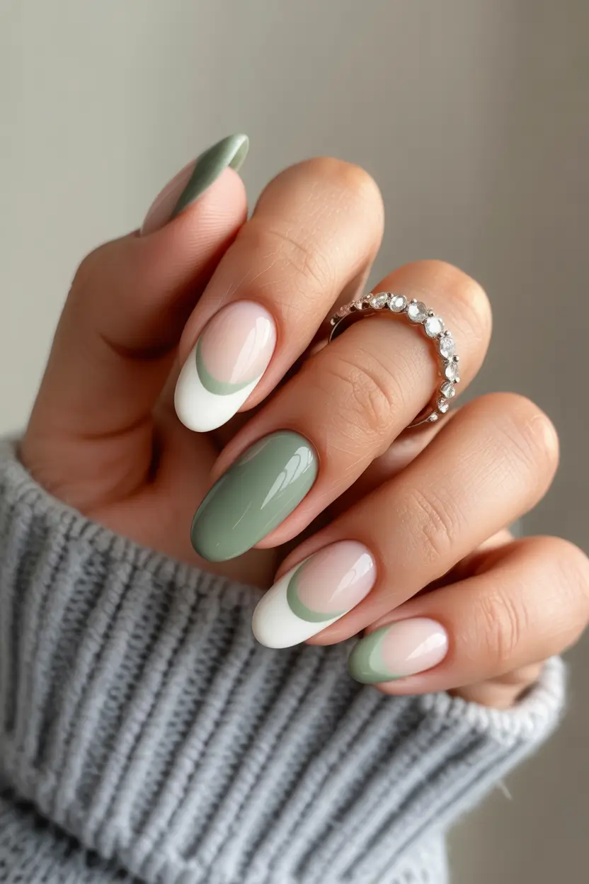 best early spring nails 2026 Modern Sage and White Curved French 20