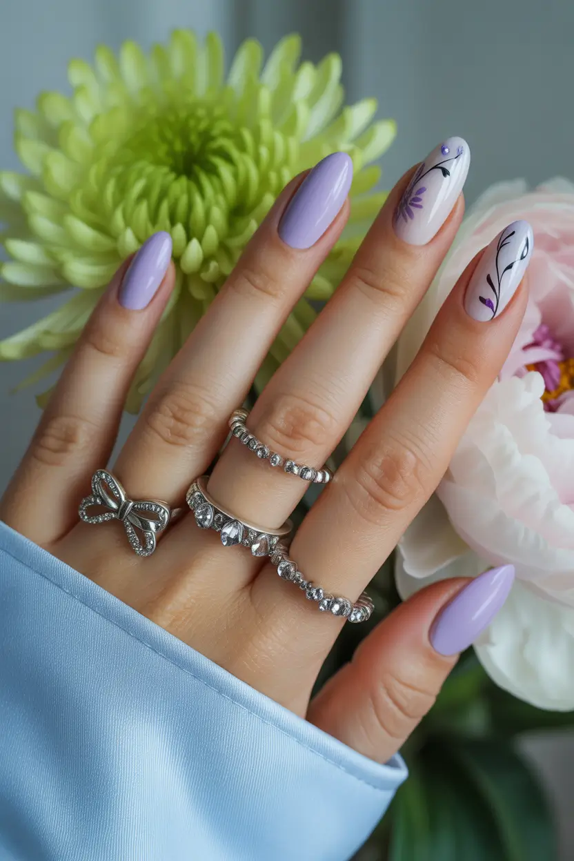 best early spring nails 2026 Soft Lilac Almond with Minimal Botanical Linework