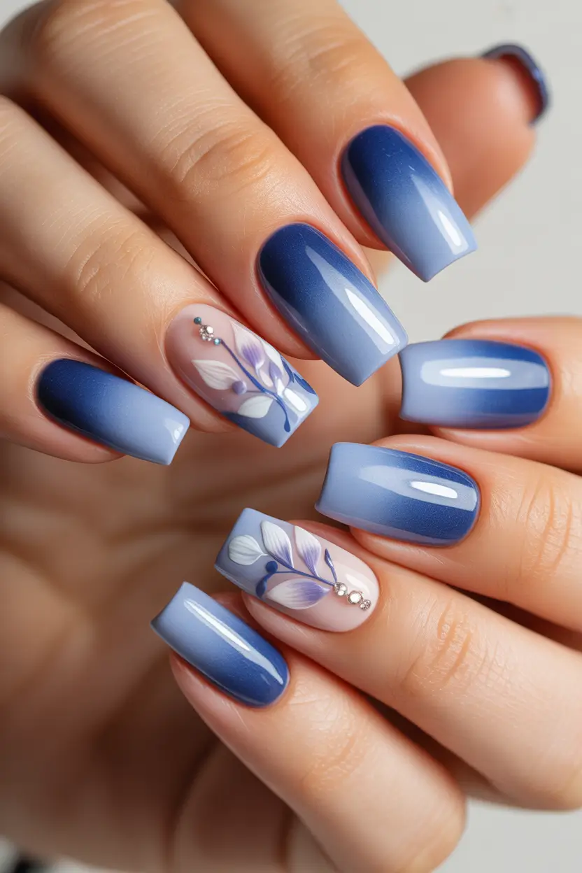 best early spring nails 2026 Blue Ombre Square with Botanical Accent