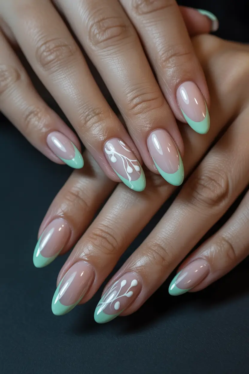 best early spring nails 2026 Mint Whisper French with Minimal White Branch Detail 6