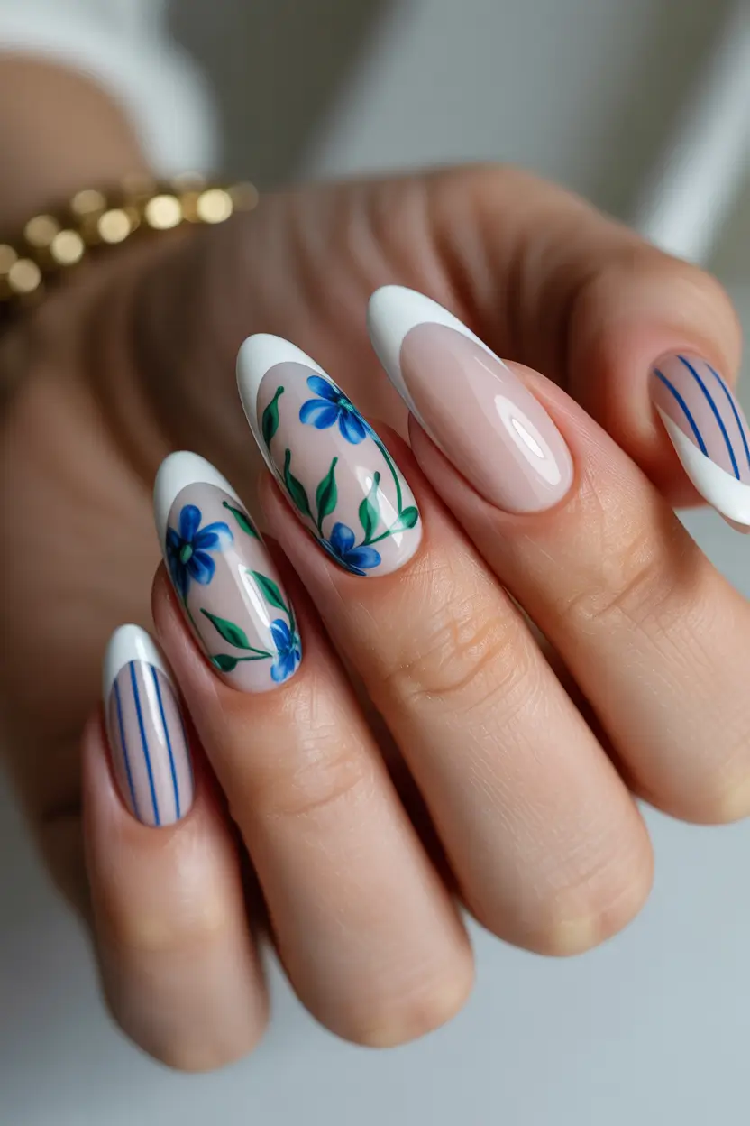 best early spring nails 2026 Blue Floral French with Graphic Stripe Accent 9