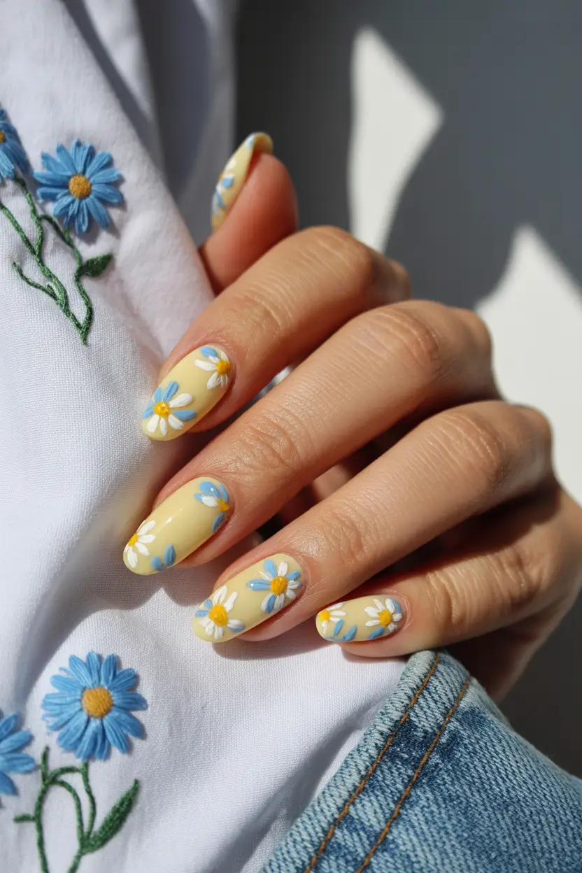 best short spring nails 2026 soft-yellow-daisy-minimalism