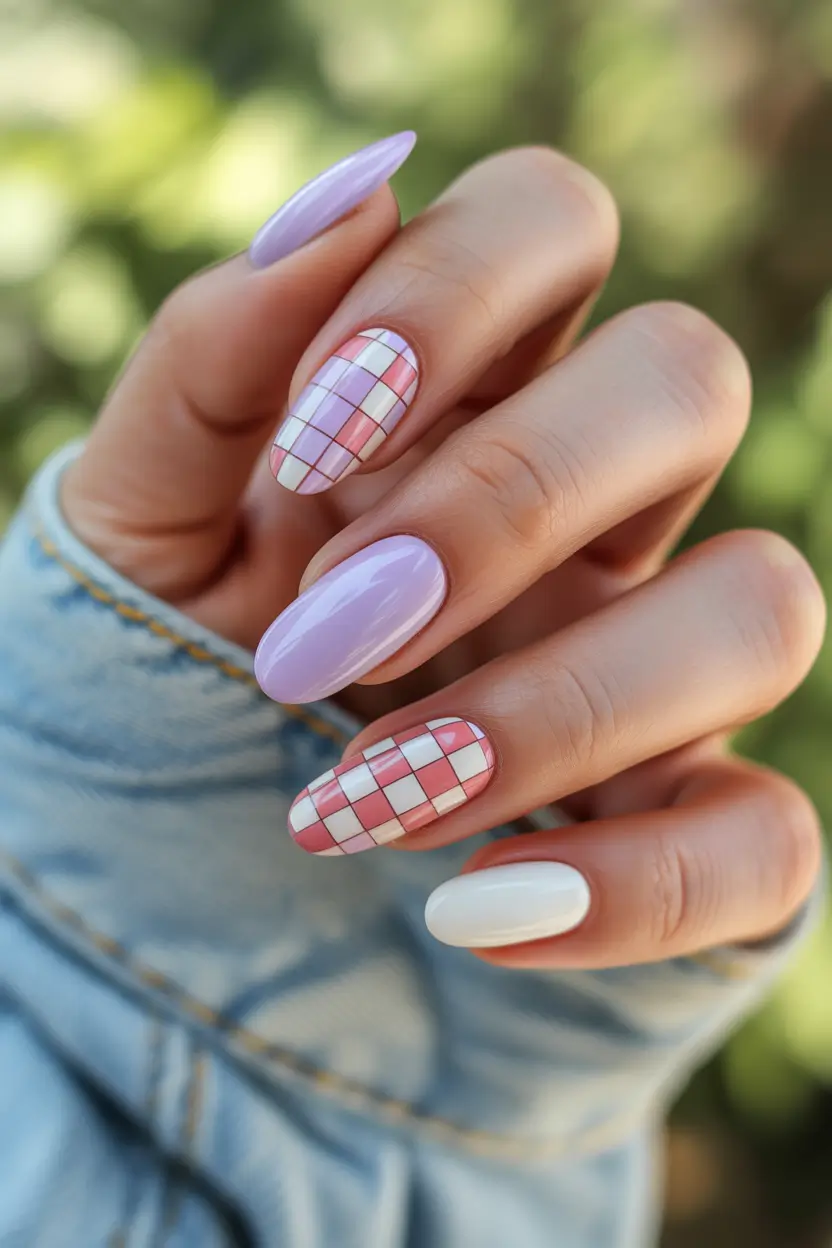 best short spring nails 2026 lavender-plaid-11