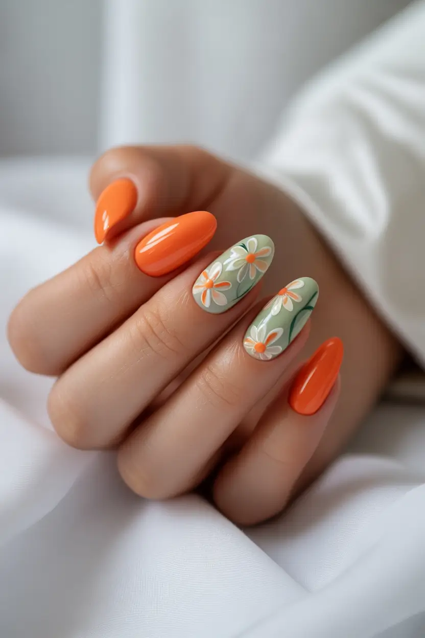 best short spring nails 2026 orange-daisy-18